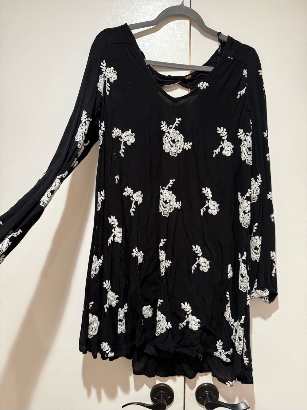 Very Loved, Free People Black Tunic Dress with White Floral Embroidery